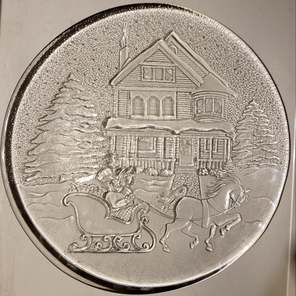 Vtg Libbey Christmas Winter Sleigh Ride Serving Platter Plate Clear Glass - Picture 2 of 3